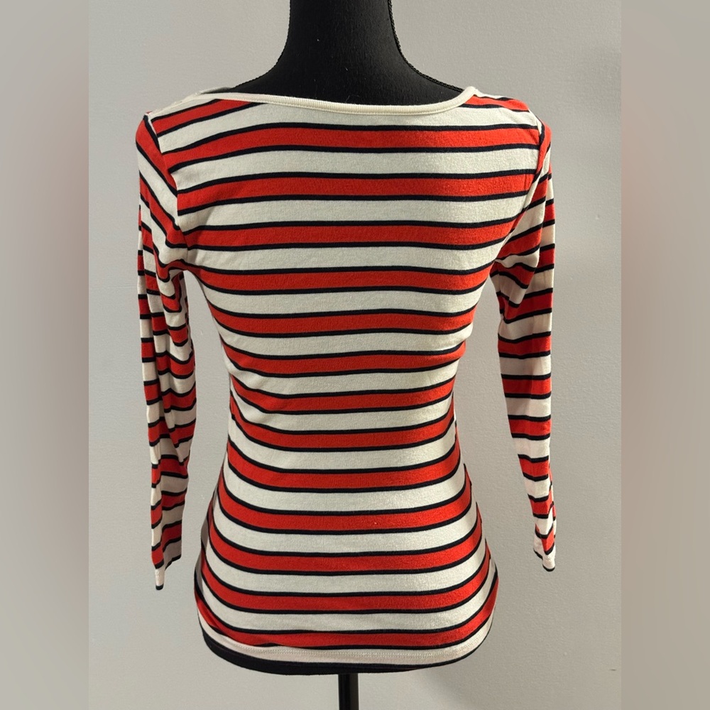 1901 striped boatneck red orange, blue, and white 3/4 sleeve XS - Picture 3 of 8